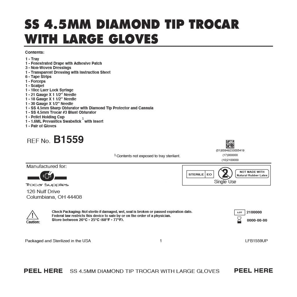 4.5mm Disposable Stainless Steel Diamond Tip Trocar Tray Kit