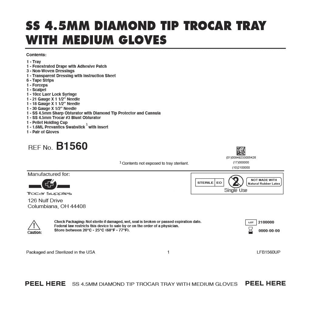 4.5mm Stainless Steel Diamond Tip Trocar Tray Kit with Antiseptic